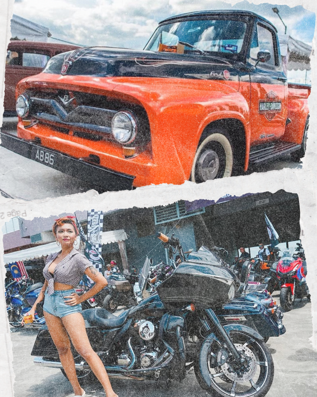 Wicked Wallop photo collage featuring an orange vintage Ford truck and a pin-up model beside a custom motorcycle